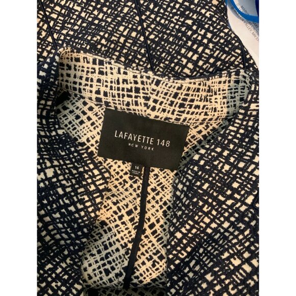 Lafayette 148 New York Navy Blue Cream Textured Patterned Zip-Up Jacket, Size 14 - Picture 5 of 5